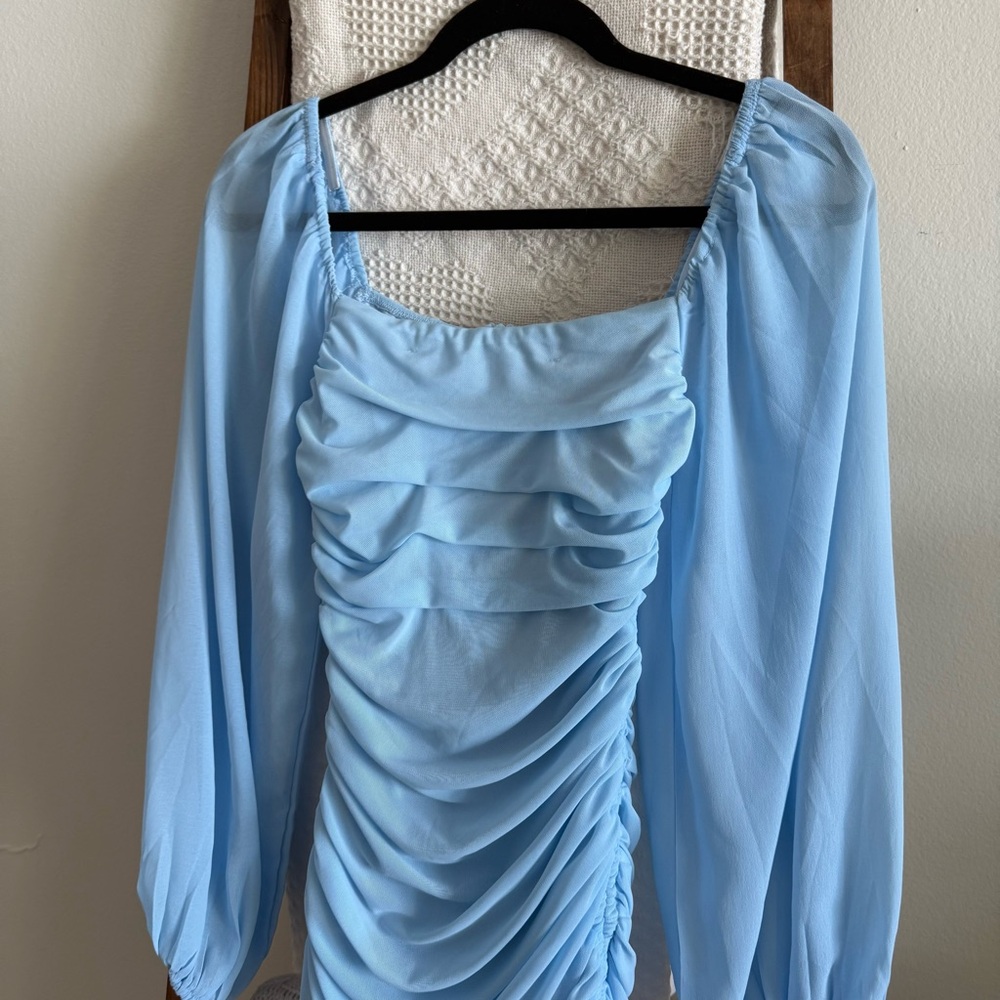 Hello Molly Light Blue Ruched Tie Detail Long Sleeve Mini Dress - Picture 2 of 4